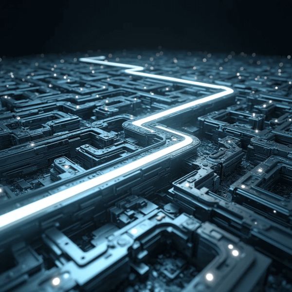 StoryBrand Framework example: A futuristic, mechanical maze with a blue line showing a clear path