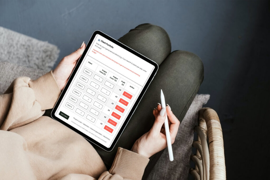 marketing budget showing marketing spend calculator on an ipad on a woman's knee