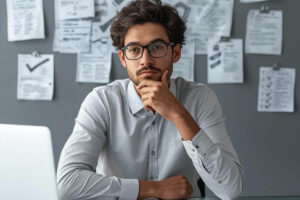 young professional considering a marketing strategy, laptop infront of him and notes pinned up on a board behind