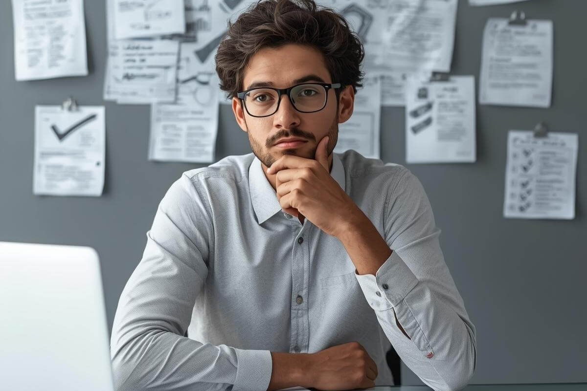 young professional considering a marketing strategy, laptop infront of him and notes pinned up on a board behind